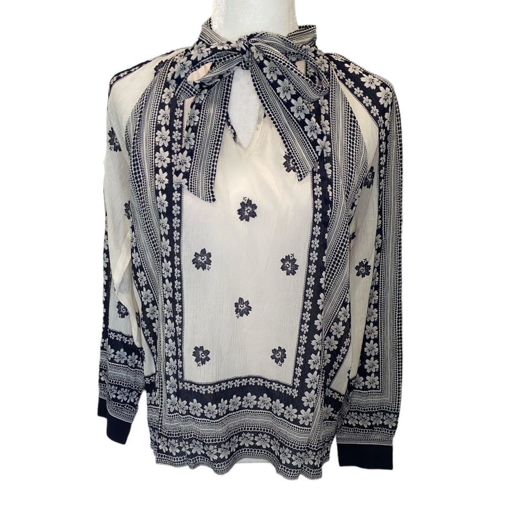 SEA New York Silk Navy Blue & Ivory Floral Tie Neck Crinkle Blouse - 2
